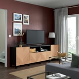 BESTÅ Mueble para TV+puertas+cajones, negro-marrón/Hedeviken/Stubbarp chapa de roble, 94 1/2x16 1/2x29 1/8 "