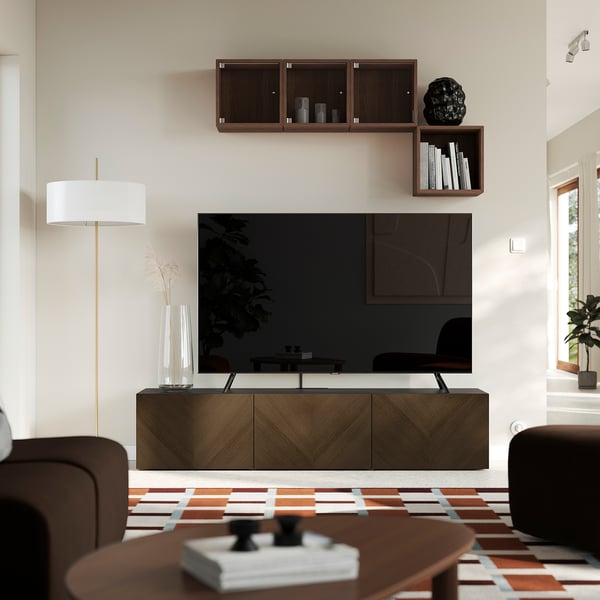 BESTÅ Mueble para TV+puertas, negro-marrón Hedeviken/teñido en marrón chapa de roble, 70 7/8x16 1/2x15 "
