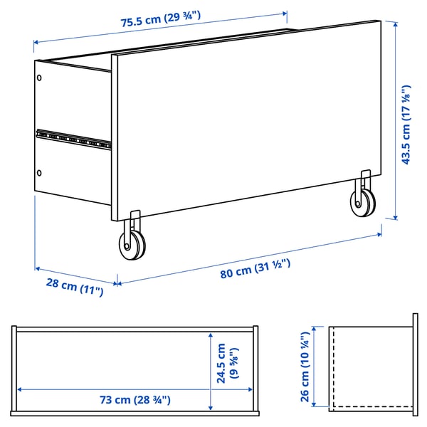 BILLY Cajón, blanco/+ruedas, 31 1/2x11x16 7/8 "
