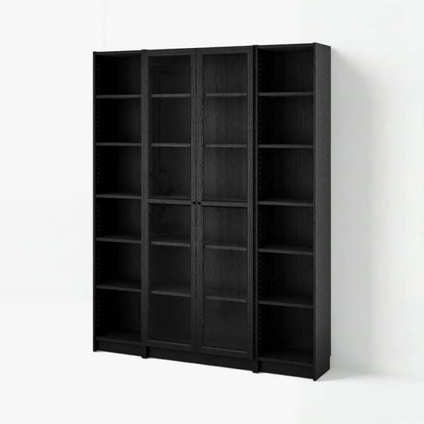 BILLY / OXBERG Comb librero+puertas de vidrio, negro efecto de roble, 63x79 1/2 "