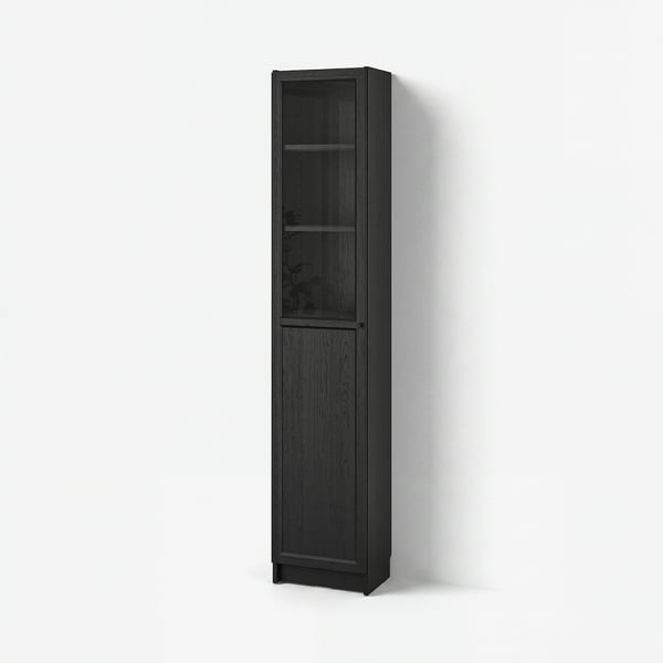 BILLY / OXBERG Librero con panel/puerta vidrio, negro efecto de roble, 15 3/4x11 3/4x79 1/2 "