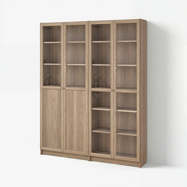 BILLY / OXBERG Librero con panel/puertas vidrio, efecto de roble/vidrio transparente, 63x11 3/4x79 1/2 "