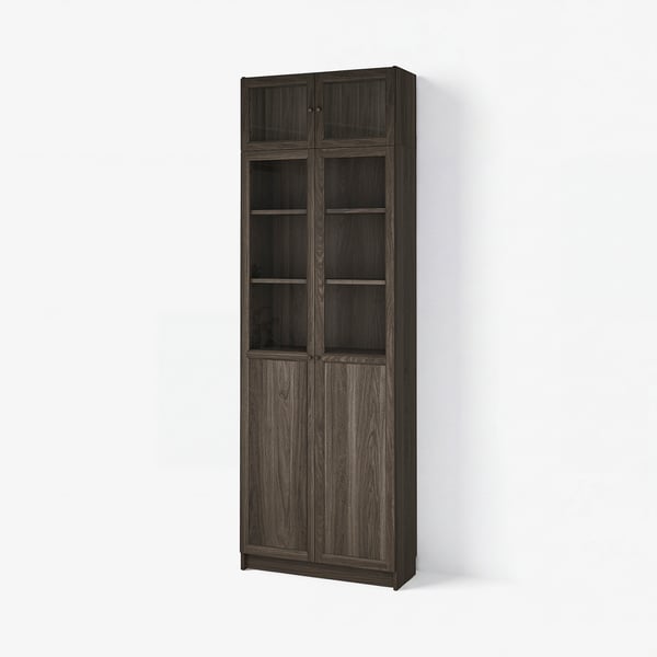BILLY / OXBERG Librero+puertas de vidrio, marrón oscuro efecto de roble/vidrio transparente, 31 1/2x11 3/4x93 1/4 "