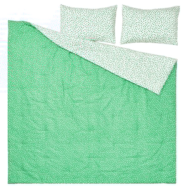 BJÖRKGRÅMAL Juego de edredón, verde blanco/lunares, Tamaño full/queen