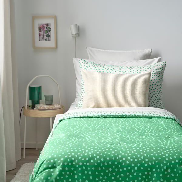 BJÖRKGRÅMAL Juego de edredón, verde blanco/lunares, Twin/Twin extra largo