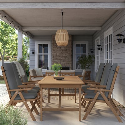 BONDHOLMEN Mesa+6 sillas reclinables, ext, marrón/Frösön/Duvholmen gris oscuro