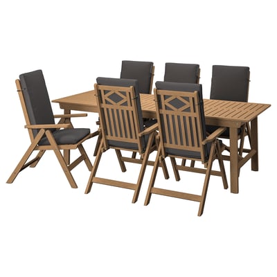 BONDHOLMEN Mesa+6 sillas reclinables, ext, marrón/Frösön/Duvholmen gris oscuro