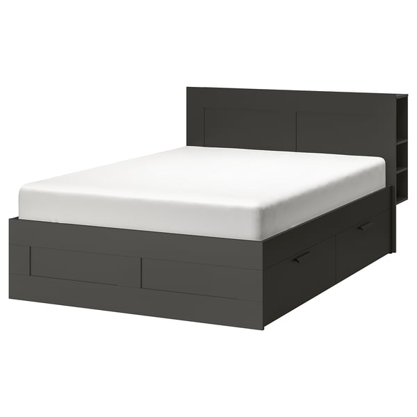 BRIMNES Armazón cama+almcn+cbcra, gris/Lönset, Tamaño King