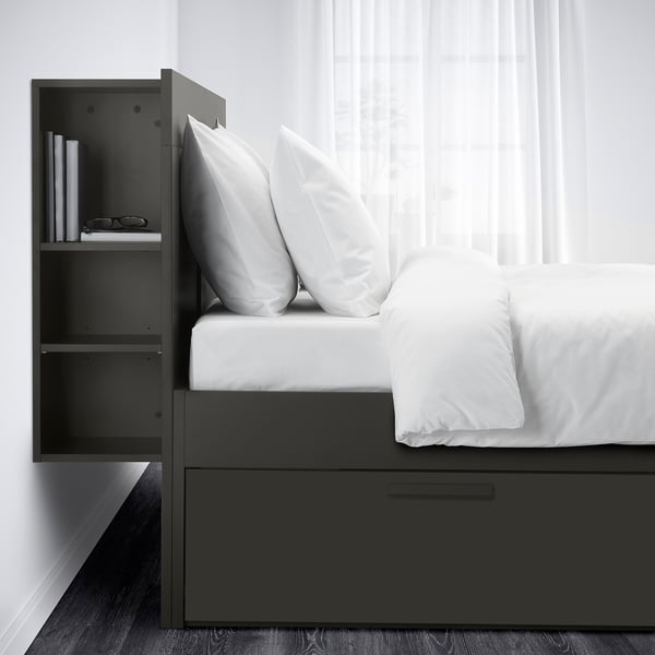 BRIMNES Armazón cama+almcn+cbcra, gris/Lönset, Tamaño King