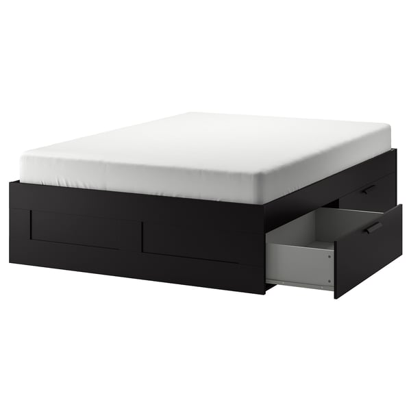 BRIMNES Armazón de cama+almacenaje, negro/Luröy, Tamaño King