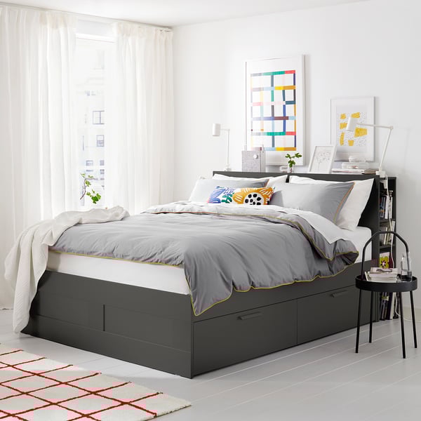 BRIMNES Base cama+almacenamiento+cabecera, gris/Lönset, Tamaño King