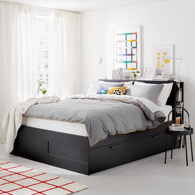 BRIMNES Base cama+almacenamiento+cabecera, negro/Luröy, Tamaño queen