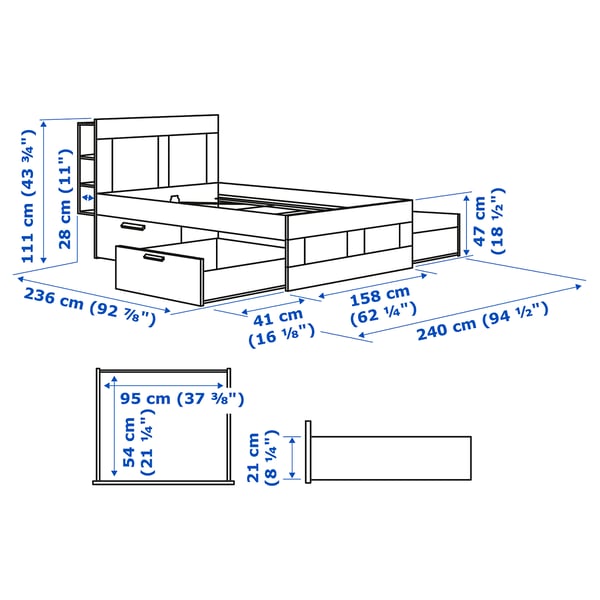 BRIMNES Base cama+almacenamiento+cabecera, negro/Luröy, Tamaño queen