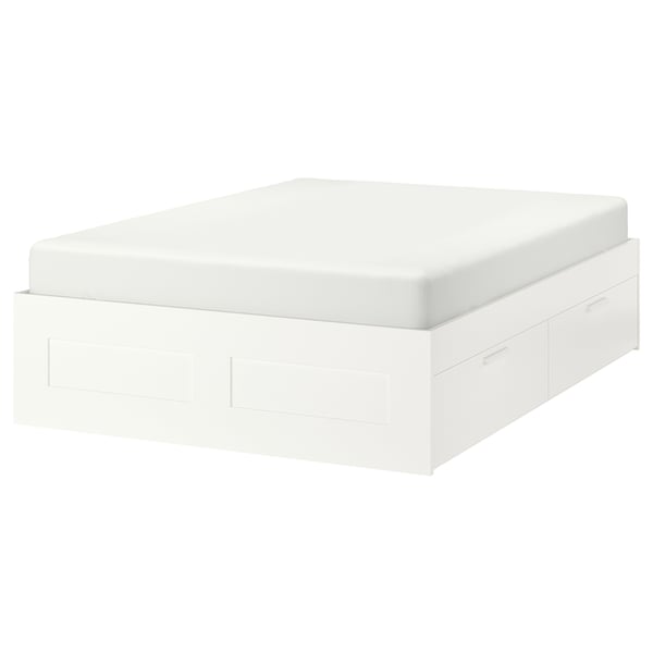 BRIMNES Base de cama+almacenamiento, blanco, Tamaño queen