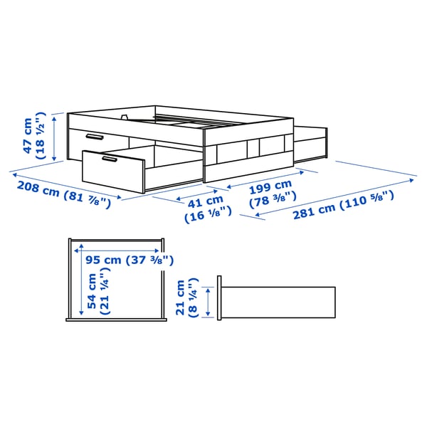 BRIMNES Base de cama+almacenamiento, gris/Lönset, Tamaño King