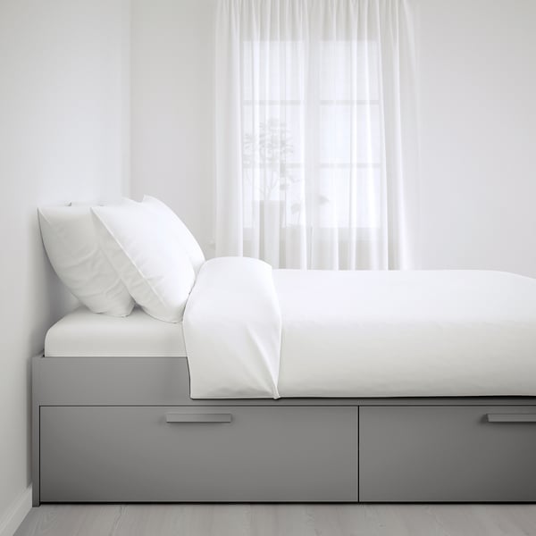 BRIMNES Base de cama+almacenamiento, gris/Luröy, Tamaño queen