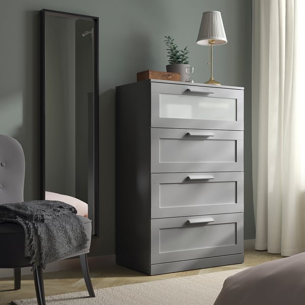 BRIMNES Cómoda de 4 cajones, gris/vidrio esmerilado, 30 3/4x48 7/8 "