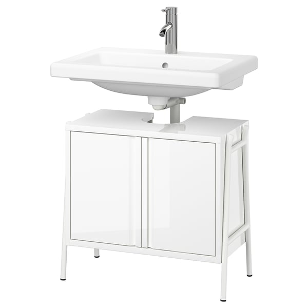 BYASJÖN / TVÄLLEN Tocador baño+puerta/lavamanos/grifo, alto brillo blanco, 26x14 3/8x23 1/4 "