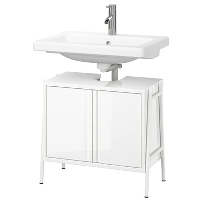BYASJÖN / TVÄLLEN Tocador baño+puerta/lavamanos/grifo, alto brillo blanco, 26x14 3/8x23 1/4 "