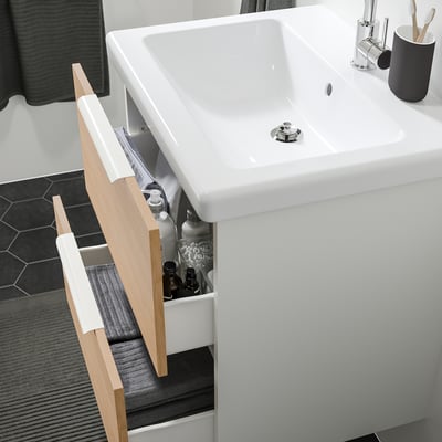 ENHET / TVÄLLEN Tocador de baño+lavamanos+grifo, blanco/efecto de roble, 25 1/2x19 1/8x26 "