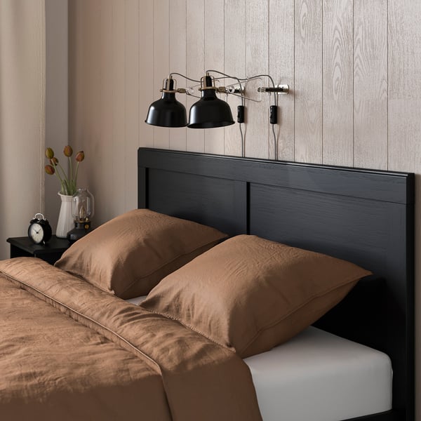 FÅGELFJÄLLET Base de cama+2 cajas almacenamiento, negro efecto de roble/Lönset, Tamaño full/doble