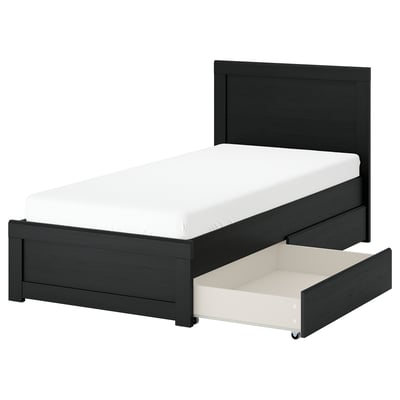 FÅGELFJÄLLET Base de cama+2 cajas almacenamiento, negro efecto de roble/Luröy, Tamaño twin