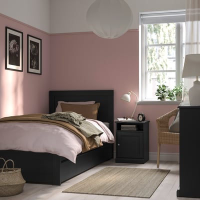 FÅGELFJÄLLET Base de cama+2 cajas almacenamiento, negro efecto de roble/Luröy, Tamaño twin