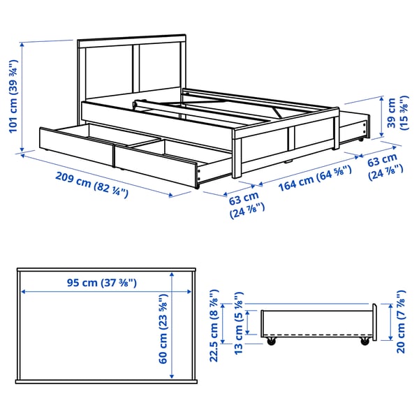 FÅGELFJÄLLET Base de cama+4 cajones, negro efecto de roble, Tamaño queen