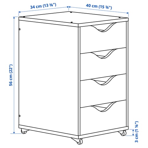 FRIIDROTT Cajonera con ruedas, blanco, 13 3/4x22 "