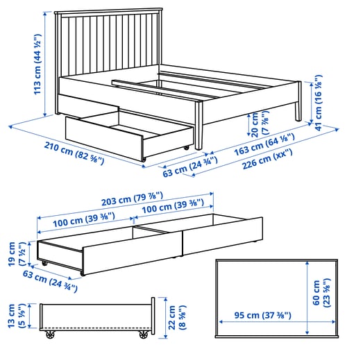 GULLABERG Base de cama+2 cajas almacenamiento, blanco/Luröy, Tamaño queen