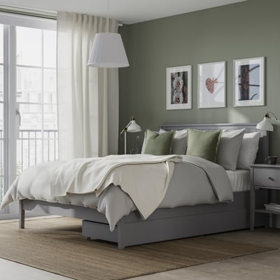 GULLABERG Base de cama+2 cajas almacenamiento, gris/Luröy, Tamaño queen
