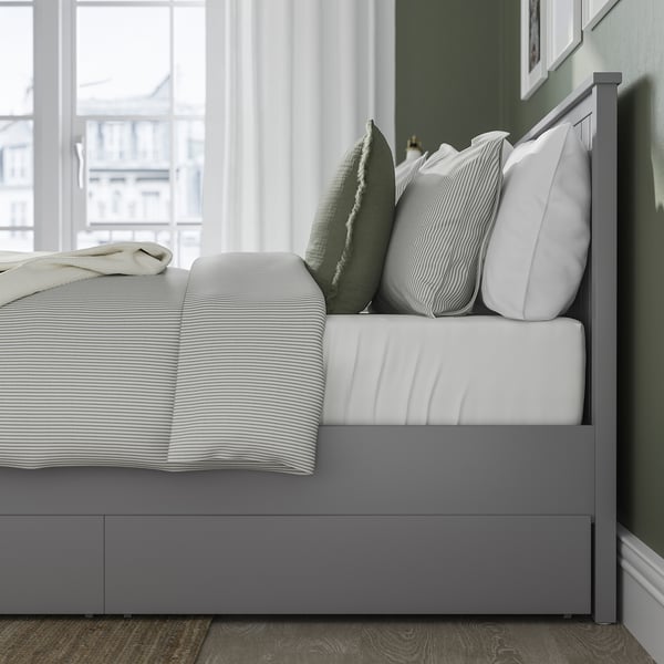 GULLABERG Base de cama+2 cajas almacenamiento, gris/Luröy, Tamaño queen