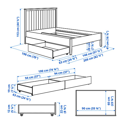 GULLABERG Base de cama+2 cajas almacenamiento, gris/Luröy, Tamaño full/doble