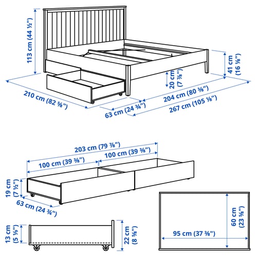 GULLABERG Base de cama+2 cajas almacenamiento, gris, Tamaño King