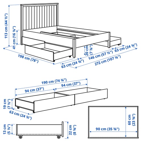 GULLABERG Base de cama+4 cajas almacenamiento, gris/Luröy, Tamaño full/doble