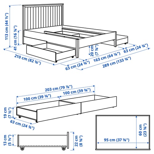GULLABERG Base de cama+4 cajones, gris, Tamaño queen
