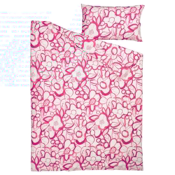 HÄRLIR Funda nórdica+funda(s) de almohada, blanco rosado vivo/motivo floral, Tamaño twin
