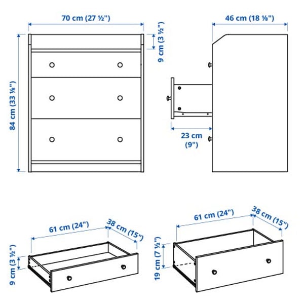 HAUGA Gavetero de 3 cajones, blanco, 27 1/2x18 1/8x33 1/8 "