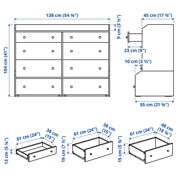HAUGA Gavetero de 8 cajones, blanco, 54 3/8x41 "