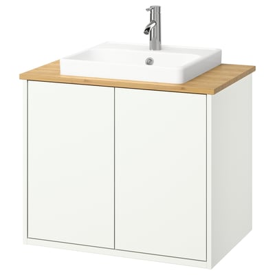 HAVBÄCK / ORRSJÖN Tocador baño+puerta/lavamanos/grifo, blanco/bambú, 31x21 1/2x28 3/8 "