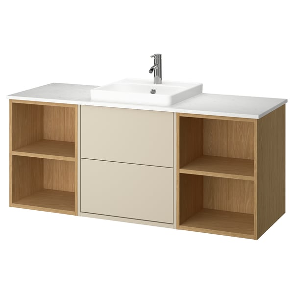 HAVBÄCK / ORRSJÖN Tocador de baño/lavamanos/grifo, beige/efecto roble/blanco efecto de mármol, 61x21 1/2x28 3/8 "