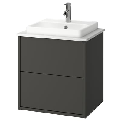 HAVBÄCK / ORRSJÖN Tocador de baño+lavamanos+grifo, gris oscuro/blanco efecto de mármol, 25x21 1/2x28 3/8 "