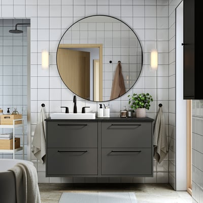 HAVBÄCK / ORRSJÖN Tocador de baño+lavamanos+grifo, gris oscuro/efecto de mármol negro, 49x21 1/2x28 3/8 "