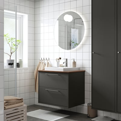 HAVBÄCK / ORRSJÖN Tocador de baño+lavamanos+grifo, gris oscuro/marrón efecto de nogal, 31x21 1/2x28 3/8 "