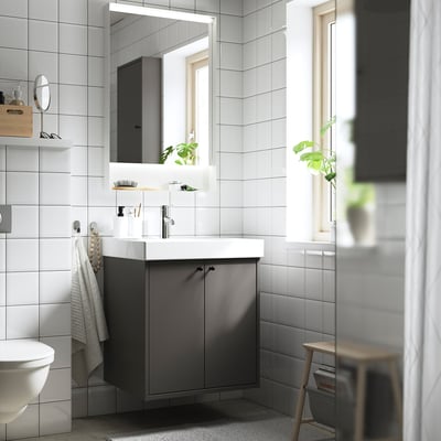 HAVBÄCK / ORRSJÖN Tocador de baño/lavamanos/grifo, gris oscuro, 25x21 3/4x28 3/4 "