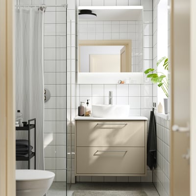 HAVBÄCK / TÖRNVIKEN Tocador de baño+lavamanos+grifo, beige/blanco efecto de mármol, 31x21 1/2x31 3/8 "