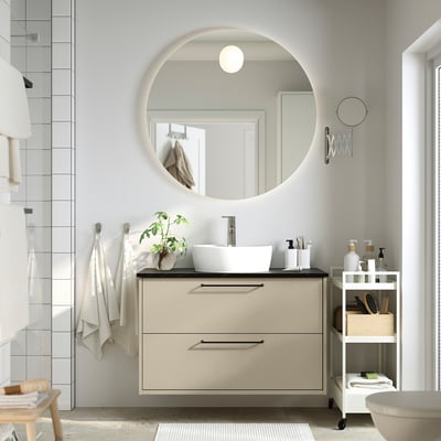 HAVBÄCK / TÖRNVIKEN Tocador de baño+lavamanos+grifo, beige/negro efecto de mármol, 37x21 1/2x31 3/8 "