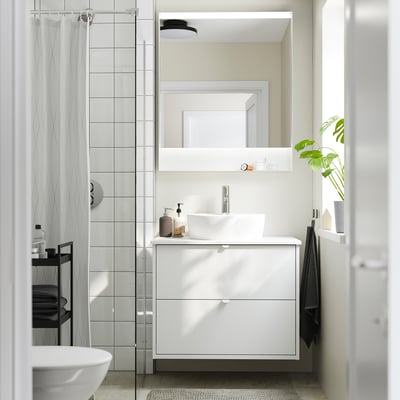 HAVBÄCK / TÖRNVIKEN Tocador de baño+lavamanos+grifo, blanco/blanco efecto de mármol, 31x21 1/2x31 3/8 "