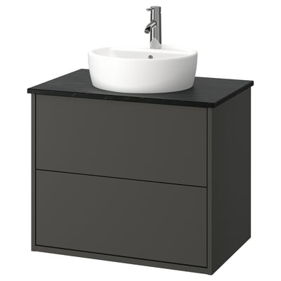 HAVBÄCK / TÖRNVIKEN Tocador de baño+lavamanos+grifo, gris oscuro/negro efecto de mármol, 31x21 1/2x31 3/8 "