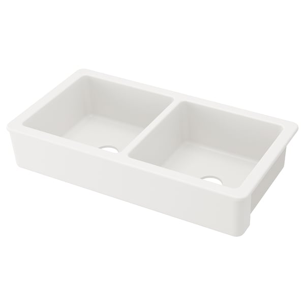 HAVSEN Fregadero doble+frente visible, blanco, 37x19 "